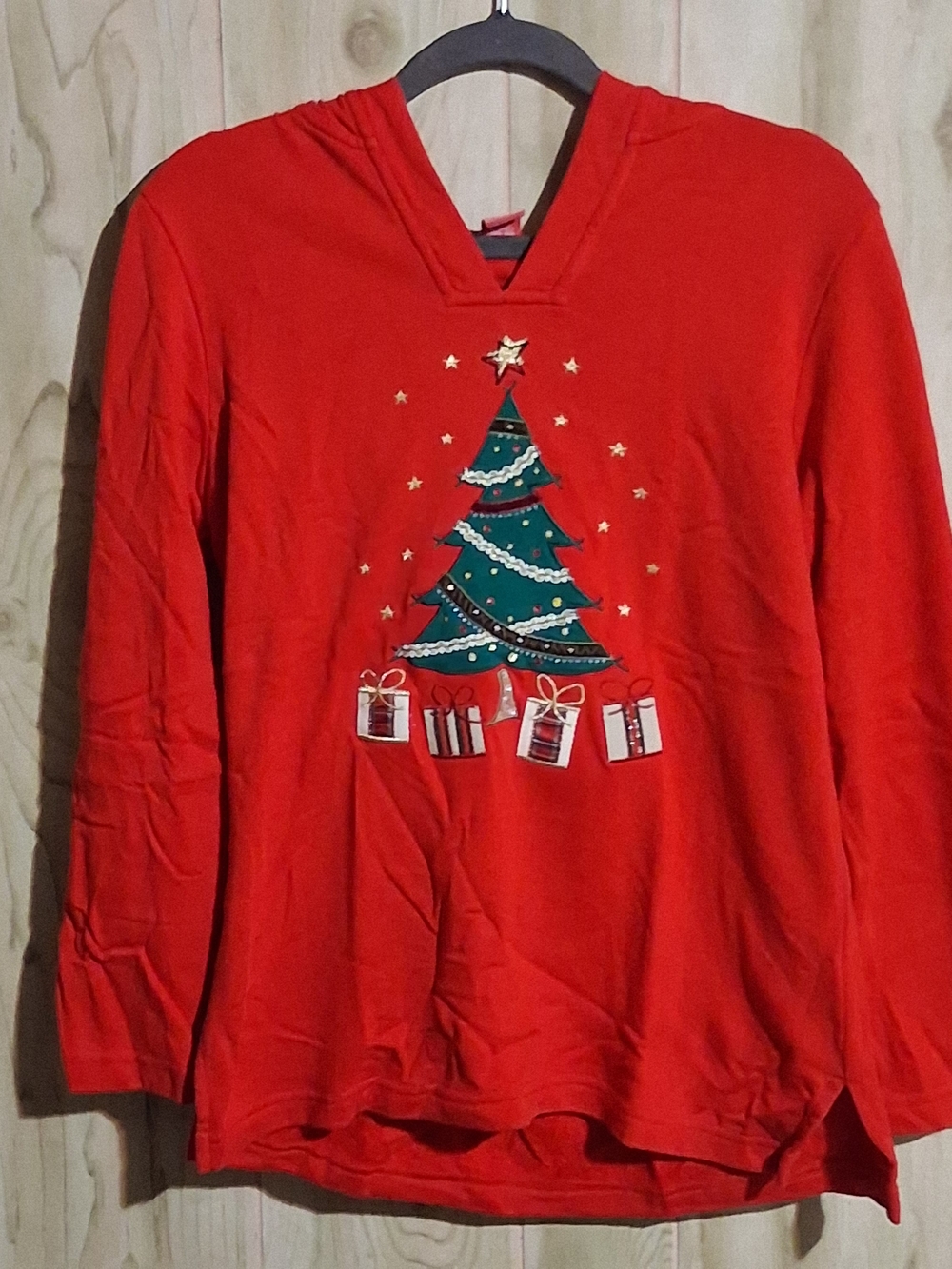 Merry & Bright Womens Red Hooded Christmas Tree Pullover Sweatshirt